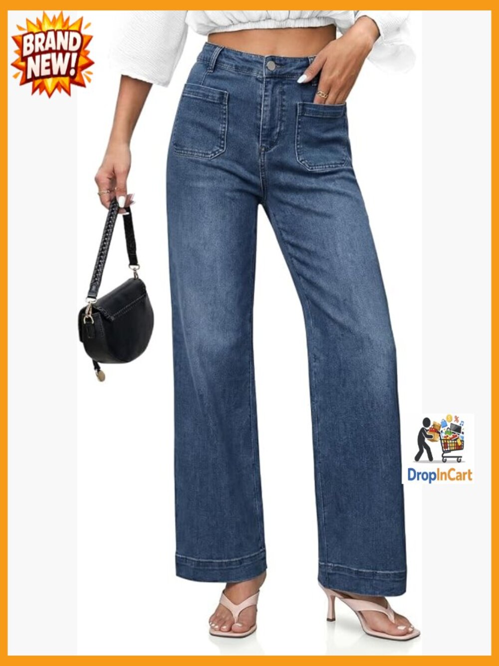 Wide Leg Jeans High Waisted Straight Leg Denim Pants Stretchy Patch Pocket
